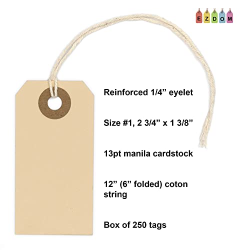 Manila Tags with String Attached - #1, 2 3/4” x 1 3/8” Box of 250 Small Blank 13pt Paper Tags with Hole and Strings Attached, Small Labels with Strings
