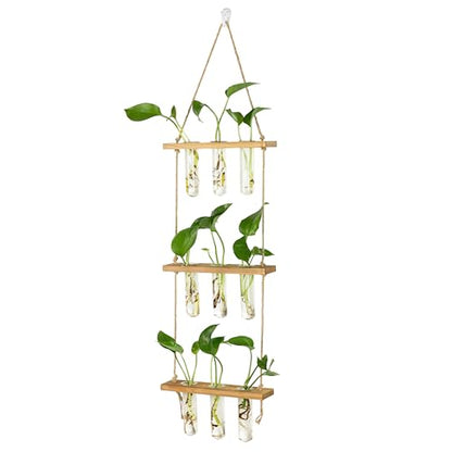 Hyindoor Wall Hanging Propagation Stations 3 Tired Wall Planter Terrarium with Wooden Stand and Glass Test Tubes Plant Hanger Flower Vase for Home Office Wall Decor Hydroponic Cuttings - size: Medium-9 Tubes