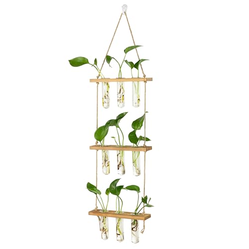 Hyindoor Wall Hanging Propagation Stations 3 Tired Wall Planter Terrarium with Wooden Stand and Glass Test Tubes Plant Hanger Flower Vase for Home Office Wall Decor Hydroponic Cuttings - size: Medium-9 Tubes