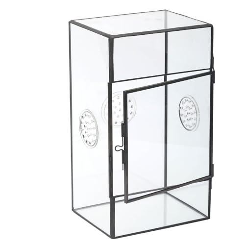 NCYP Glass Enclosure for Large Jumping Spider - 5.1" x 3.9" x 9" Front Opening Door Glass Terrarium with 3 Vent Holes, Small Snail, Insects Habitat, Black (Terrarium Only)