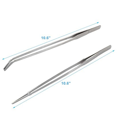 2PCS Stainless Steel Reptile Feeding Tongs | Long Tweezers, Aquarium Terrarium Feeder Tools, For Reptiles, Lizards, Snakes, Straight and Curved