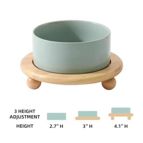 Havniva Raised Cat Bowl 6.1” Elevated Ceramic Cat Food and Water Bowl | Cat Bowls Elevated, Whisker Friendly Cat Bowl, Non-Slip Wood Stand, Food-Grade Ceramic, Wide Opening, Dishwasher Safe - color: Light Green, size: Bowl+Tray - 6.1"