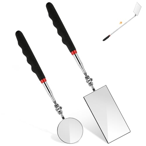 Telescoping Inspection Mirror, 2 Pack Round & Rectangular Mechanic Mirrors | Extendable Reach, 360° Swivel Heads, Comfort Grip for Auto Repair, Engines, Appliances, Plumbing and Home Inspection