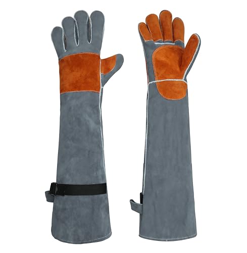 Long Leather Welding Gloves Animal Handling Scratch Bite Proof | 24 Inch Full arm coverage.Flame-retardant split leather shields against intense welding heat and animal bites. - color: Grey