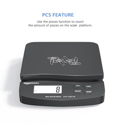 Amazon Basics Digital Postal Shipping Scale with Tare Function, AC Adapter, 65 lb Capacity, 0.1 oz Readability, LCD Display, Black - size: 65 pound