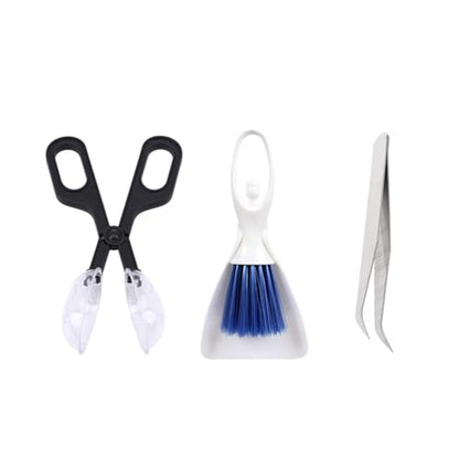 Tiny Cleanning Broom, Scooper Feeding Tool,Mini Dustpan and Brush, Stainless Steel Tweezer Reptile Tank Cleaner for Reptile and Other Small Animals Supplies 3Pcs