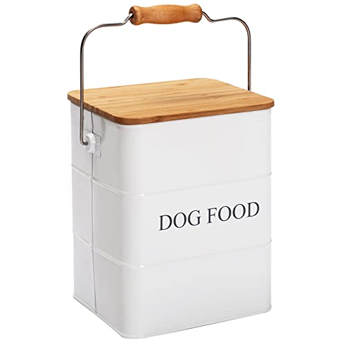 Dog Food storage container Dog Treats Jar,5~6 lb Metal food treats tin for Dog, pet snacks Canisters with wooden lid/handle/sevice scoop-White - color: Dog-White