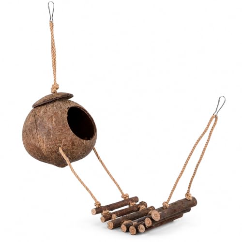 Hanging Coconut Hide for Crested Hide Hut with Climbing Ladder, Natural Shell Cave Hideout for Leopard Reptiles