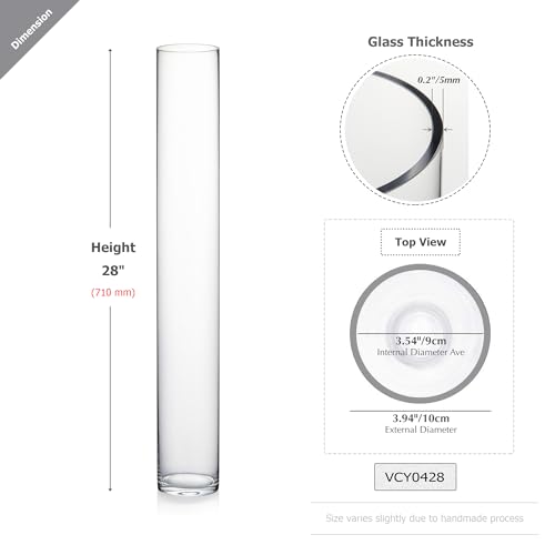 WGVI Quality Thick Weighted Tall Clear Cylinder Glass Vases, 4" W x 28" H, Flower Arrangement Floating Candle Holders Wedding Centerpieces Event Floral Container Floor Display Home Décor, 1 Piece - size: 4"x28"H