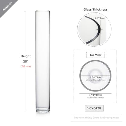 WGVI Quality Thick Weighted Tall Clear Cylinder Glass Vases, 4" W x 28" H, Flower Arrangement Floating Candle Holders Wedding Centerpieces Event Floral Container Floor Display Home Décor, 1 Piece - size: 4"x28"H