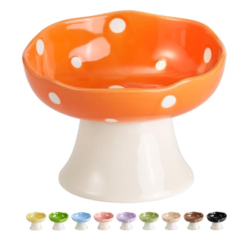 Orange Mushroom Cat Bowl, Elevated Ceramic Bowl for Cats | Elevated, Ceramic, Whisker Friendly, Anti Vomitin,Cute Mushroom Design - color: Orange