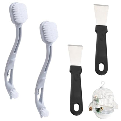 4 Pcs Bird Cage Cleaner with Two Brush Heads Long Handle Tool, Stainless Steel Bird Droppings Cleaning Scraper for Cleaning Bird Parrot Cages Kennels Perches