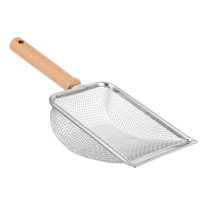 Wood Handle Stainless Steel Reptile Litter Scoop Sifting Shovel with 2x2mm Mesh Screen for Terrarium Cleaning Indoor Pet Waste Removal Tool