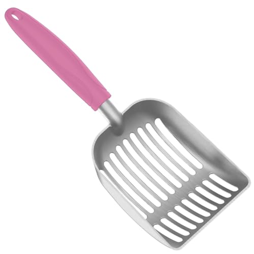 Cat Litter Scoop, Kitty Metal Scooper, Aluminum Alloy Sifter, Kitten Pooper Lifter, Deep Shovel, Long Handle, Poop Sifting, Durable, Heavy Duty, for Litter Box - color: Polished Aluminum-Pink Handle, size: Small