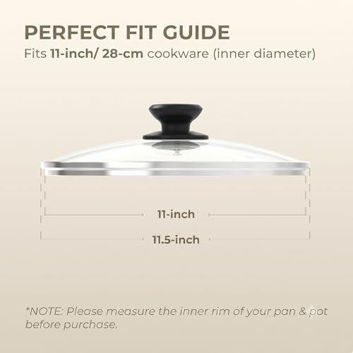 SUNHOUSE 11 Inch Pan Lid, Tempered Glass Lid with Heat-Resistant Knob | Clear Replacement Cover for Frying Pans, Pots, Cast Iron Skillet - Stainless Steel Rim - Dishwasher & Oven Safe to 400F - size: 11 inch