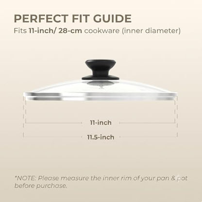 SUNHOUSE 11 Inch Pan Lid, Tempered Glass Lid with Heat-Resistant Knob | Clear Replacement Cover for Frying Pans, Pots, Cast Iron Skillet - Stainless Steel Rim - Dishwasher & Oven Safe to 400F - size: 11 inch