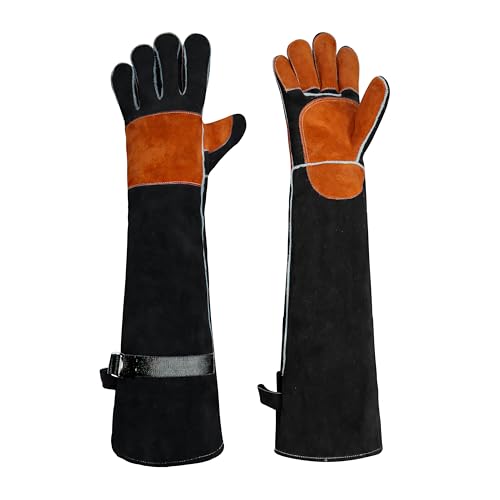 Long Leather Welding Gloves Animal Handling Scratch Bite Proof | 24 Inch Full arm coverage.Flame-retardant split leather shields against intense welding heat and animal bites. - color: Black