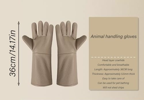 Animal Handling Gloves 36cm/14.17inReinforced Leather Gloves For Dog Training,Cat,Falcon,Reptile,Welding-Gloves - color: Brown