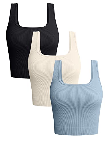 OQQ Women's 3 Piece Tank Tops Ribbed Seamless Workout Exercise Shirts 2025 Summer Basic Camis - color: Black Beige Blue, size: Small