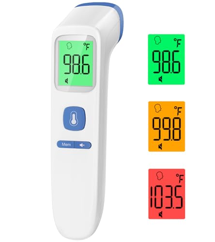 No-Touch Thermometer for Adults, Kids, Babies, 1-Sec Fast Accurate (Blue) | Fever Alarm, Large LCD with 3-Color Backlight, Silent Mode, 35-Reading Memory, Forehead & Object Mode, for Home & Clinic - color: Blue