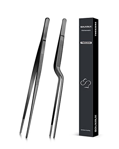 10-inch Cooking Tweezer and Offset Tweezer Set, Tongs Precision Serrated Tips, Stainless Steel Professional Chef Tweezer Kitchen Tools for BBQ, Plating and Serving - size: 10-inch