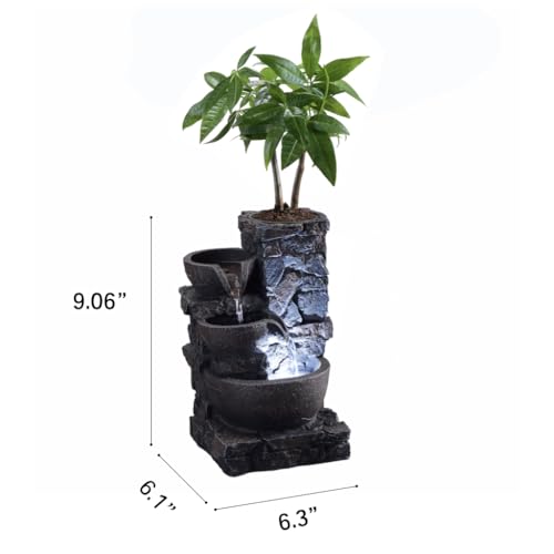 MAOCHI Indoor Tabletop Water Fountain with Planter Pot, Small Desk Waterfall with Cool LED Lights, Zen Decor for Office, Home & Bedroom, Calming Meditation Relaxation Gifts for Plant Lovers