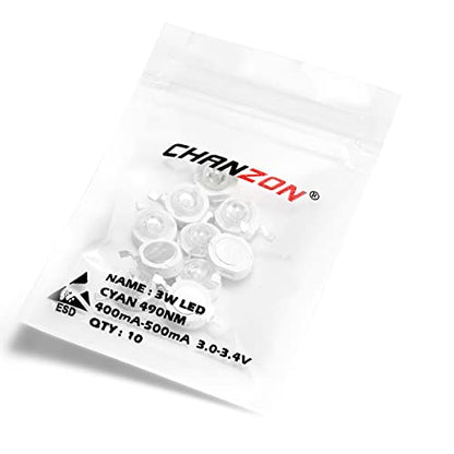 CHANZON 10 pcs High Power Led Chip on Board 3W Cyan 490nm | (400mA - 500mA / DC 3V - 3.4V / 3 Watt) Super Bright Intensity SMD COB Light Emitter Components Diode Bead DIY - color: G) Cyan (490nm)