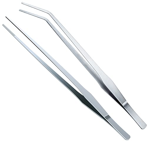 OIIKI 2PCS Stainless Steel Tongs Tweezers, 15 inch Staright Tongs Tweezer | Polished Extra-Long 15 inch Curved Aquarium Tweezer with Precision Serrated Tips for Garden, Kitchen, Indoor & Outdoor - size: 15 inch Straight & Curved (2 PCS)