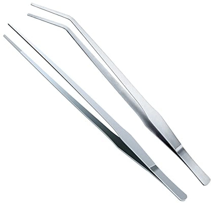 OIIKI 2PCS Stainless Steel Tongs Tweezers, 15 inch Staright Tongs Tweezer | Polished Extra-Long 15 inch Curved Aquarium Tweezer with Precision Serrated Tips for Garden, Kitchen, Indoor & Outdoor - size: 15 inch Straight & Curved (2 PCS)