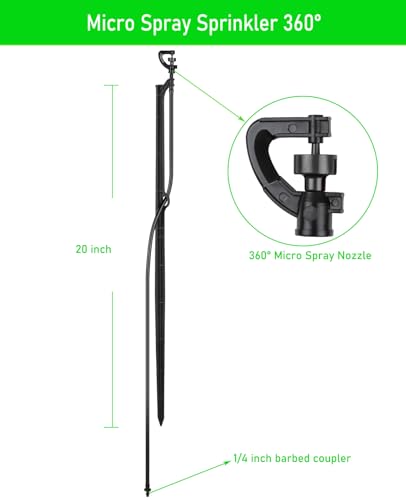 Drip Irrigation Micro Spray Emitters, 9 pcs | 180° 360° and Rectangular Sprinkler Nozzles, 3 pcs each nozzle type, 1/4-Inch Tubing, Barbed Inlet, 20-Inch High Stake - size: Mix 9 Sets Micro Spray Emitters