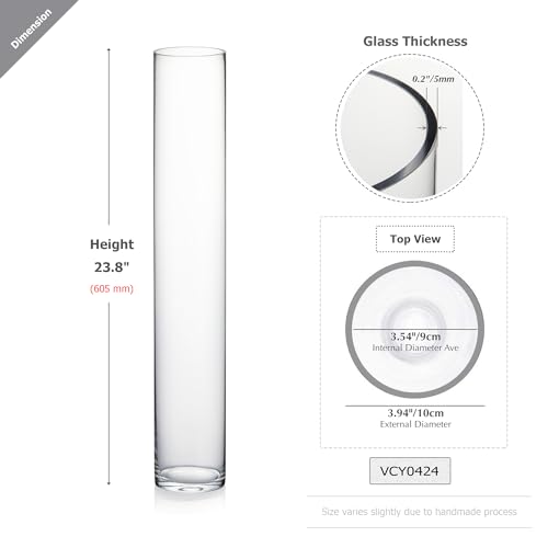 WGVI Quality Thick Weighted Tall Clear Cylinder Glass Vases, 4" W x 24" H, Flower Arrangement Floating Candle Holders Wedding Centerpieces Event Floral Container Tabletop Display Décor, 1 Piece - size: 4"x24"H