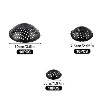 30 PCS Flower Pot Hole Mesh Pad, 3 Assorted Sizes Semi-Arc Plastic Planter Bottom Drainage Mats for Bonsai Plant, Succulents, Potting, Breathable Gasket Prevent Clogging and Soil Loss, Black