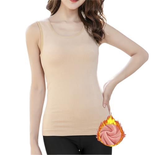 Womens Cotton Thermal Fleece Lined Underwear Tops Cami Tank Top Warm Base Layer Vest - color: Khaki, size: L / (Fit 120~145 lb)