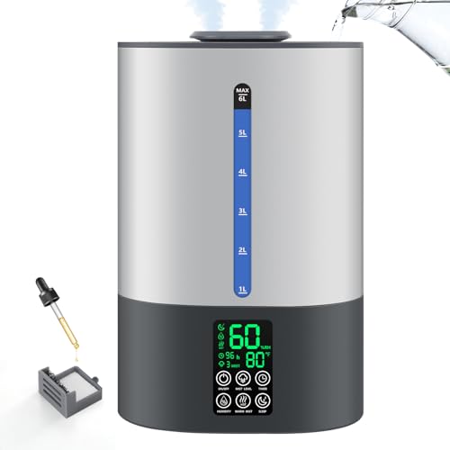 Coolfiqu 6L Warm & Cool Mist Humidifiers for Bedroom,Large Room,Plants | Quiet Top Fill Ultrasonic Humidifier,Essential Oil Diffuser, Auto Humidity Control,Hot Mist Desk Humidifiers,360° Nozzle - color: B-Grey