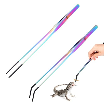 2 Pcs Stainless Steel Reptile Feeding Tongs with Rubber Tip, Aquarium Tweezers, Straight Curved Tweezers, Feeder Tools for Bearded Dragon, Lizards, Terrarium Supplies (10.6 Inch, Color)