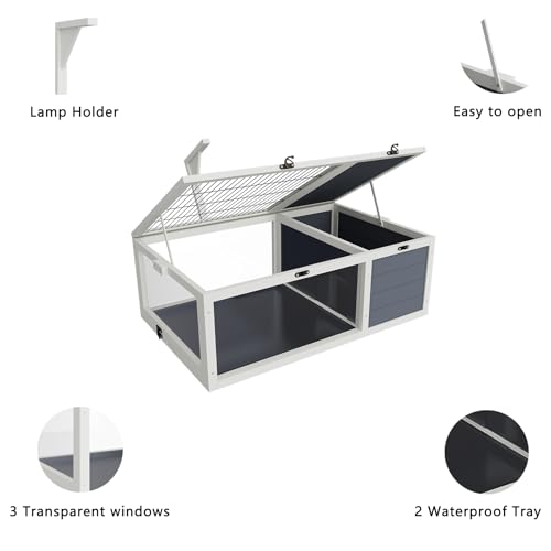 Reptile Habitat Tortoise House with Lamp Holder, 3 Acrylic Observation Windows, 2 Waterproof Trays, Lockable Top, Wooden Enclosure for Turtles, Lizards, Snakes, and Small Pets