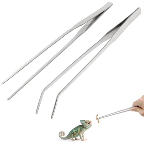 Syn-zer Reptile Feeding Tongs, 10.6" Straight & Curved | 2 Pcs Stainless Steel, Rustproof, Aquarium, Terrarium, Reptile, Bearded Dragon, Snake, Lizard, Crafts, Planting - color: Silver