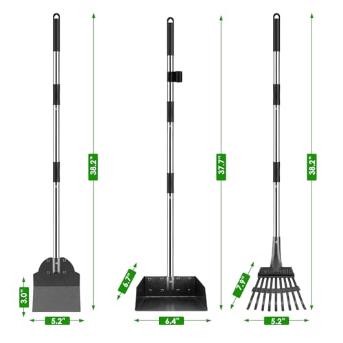 Pooper Scooper, Long Handle Dog Poop Scooper for Medium Small Dogs | Heavy Duty, Pet Supplies Metal Tray Rake Spade, Stainless Steel, Rust-Resistant,37"+ Handle No Bend, Use on Grass Dirt Gravel - color: Light Silver, size: Medium