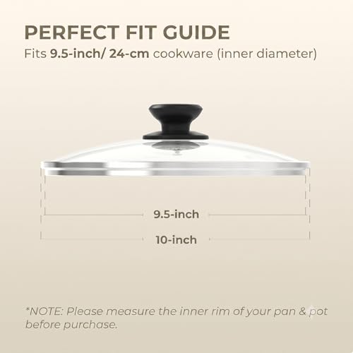 SUNHOUSE 9.5 Inch Pan Lid, Tempered Glass Lid with Heat-Resistant Knob | Clear Replacement Cover for Frying Pans, Pots, Cast Iron Skillet - Stainless Steel Rim - Dishwasher & Oven Safe to 400F - size: 9.5 inch