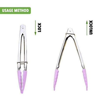 HINMAY 7-Inch Serving Tongs with Silicone Tips, Set of 3 (Pink) | 7-Inch Clam Shell Mini Tongs - color: Pink