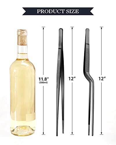 12-inch Cooking Tweezer and Offset Tweezer Set, Tongs with Serrated Tips, Stainless Steel, Black, 2pcs - size: 12-inch