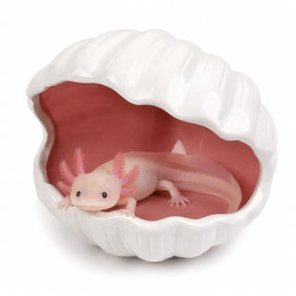 Ceramic Axolotl Hideout Shell Shape, Double-Sided Glazed Fish Tank Decoration Cave, Extra Large Aquarium Shelter Tunnel Hide for Small Pet, Frog, Betta, Lizard, Aquatic Reptile - Pink