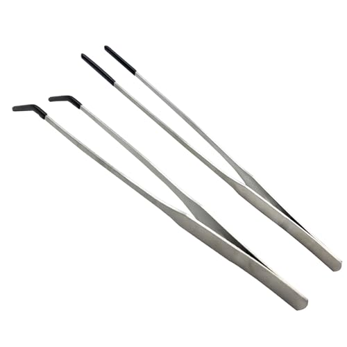 Stainless Steel Straight and Curved Tweezers Aquarium Tweezers with Rubber Tips Long Handle Reptile Feeding Tongs for Fish Tank Aquatic Plants, 2pcs, 10.6 Inch, Silver