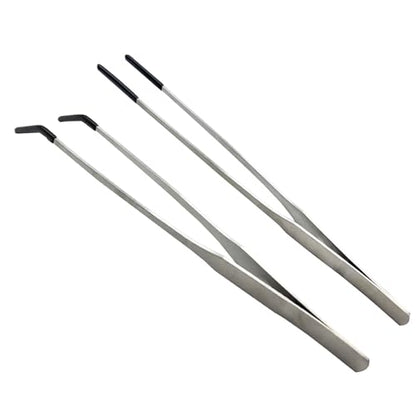 Stainless Steel Straight and Curved Tweezers Aquarium Tweezers with Rubber Tips Long Handle Reptile Feeding Tongs for Fish Tank Aquatic Plants, 2pcs, 10.6 Inch, Silver