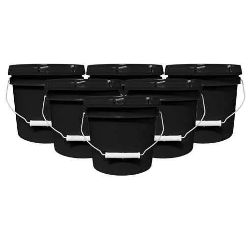 1-Gallon Bucket with Airtight Lid – Made in USA, Food Grade BPA Free Plastic, Heavy Duty Multi-Use, Metal Handle with Grip, Stackable Storage – Black, 6 Pack - color: Black, size: 6