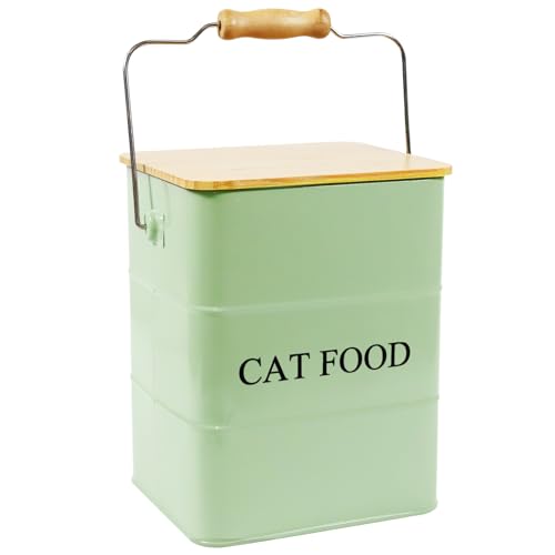 Cat Food storage container Cat Treats Jar,5~6 lb Metal food treats tin for Cat, pet snacks Canisters with wooden lid/handle/sevice scoop-Green - color: Cat-Green