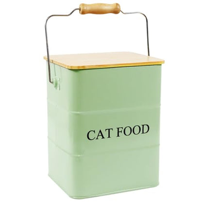 Cat Food storage container Cat Treats Jar,5~6 lb Metal food treats tin for Cat, pet snacks Canisters with wooden lid/handle/sevice scoop-Green - color: Cat-Green