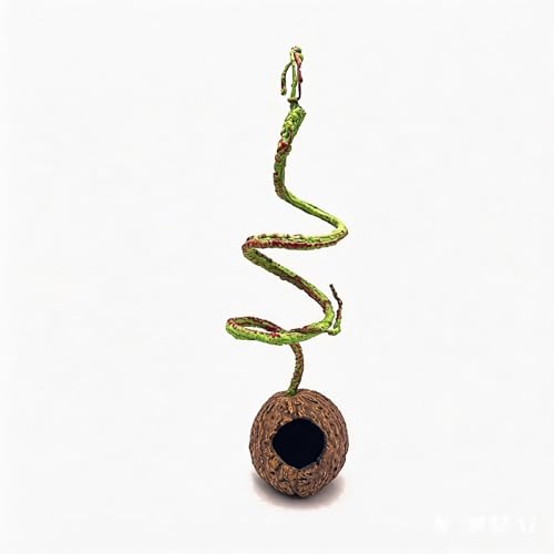 Resin Reptile Hide with Bendable Vine - Coconut Cave for Jumping Spiders, Tarantulas & Small Geckos - Terrarium Decor for Molting & Enrichment (3.4"x3.4"x7.9")