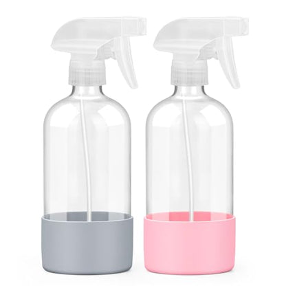 Worldgsb 2 Pack Glass Spray Bottles with Silicone Sleeve, 16 oz Empty Refillable Containers with Adjustable Spray Nozzles, Spray Bottles for Hair, Cleaning Solutions and Plants Pink&Grey - color: Pink&Grey