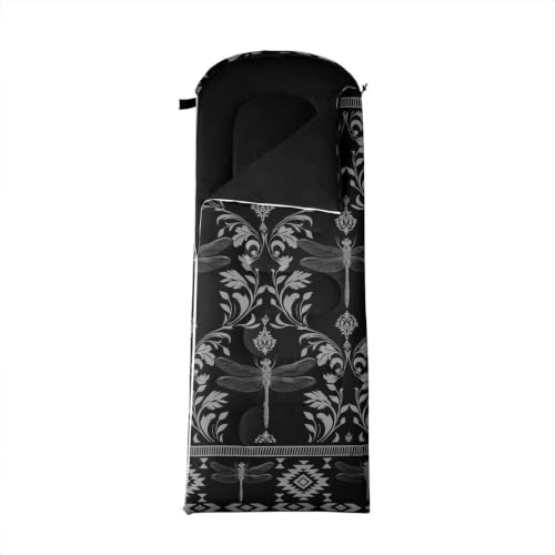 Erosebridal Longhorn Cow Skull Sleeping Bag for Kids Goth Witchy Damask Camping Blanket for Hiking Travel Hunting Sleep Bag - color: Black Rustic Dragonfly